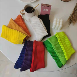 Autumn and Winter New Arrival Socks Women's Ins Trendy Vertical Striped Stacked Socks Solid Color Casual Mid-Socks Candy Color All-Match Socks