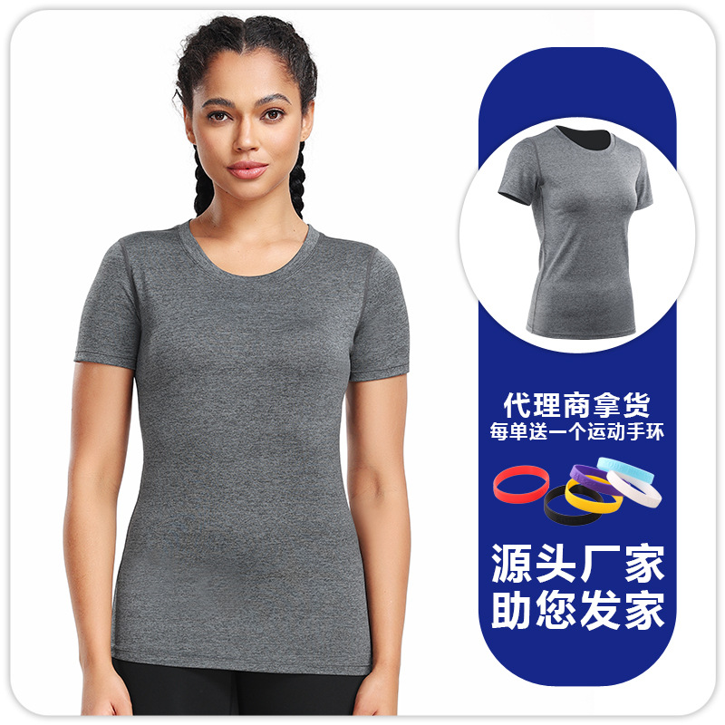 F8017 mujeres deportes correr yoga camiseta de mangas cortas cuello redondo ropa de fitness ajustada secado rápido camiseta de ciclismo maratón