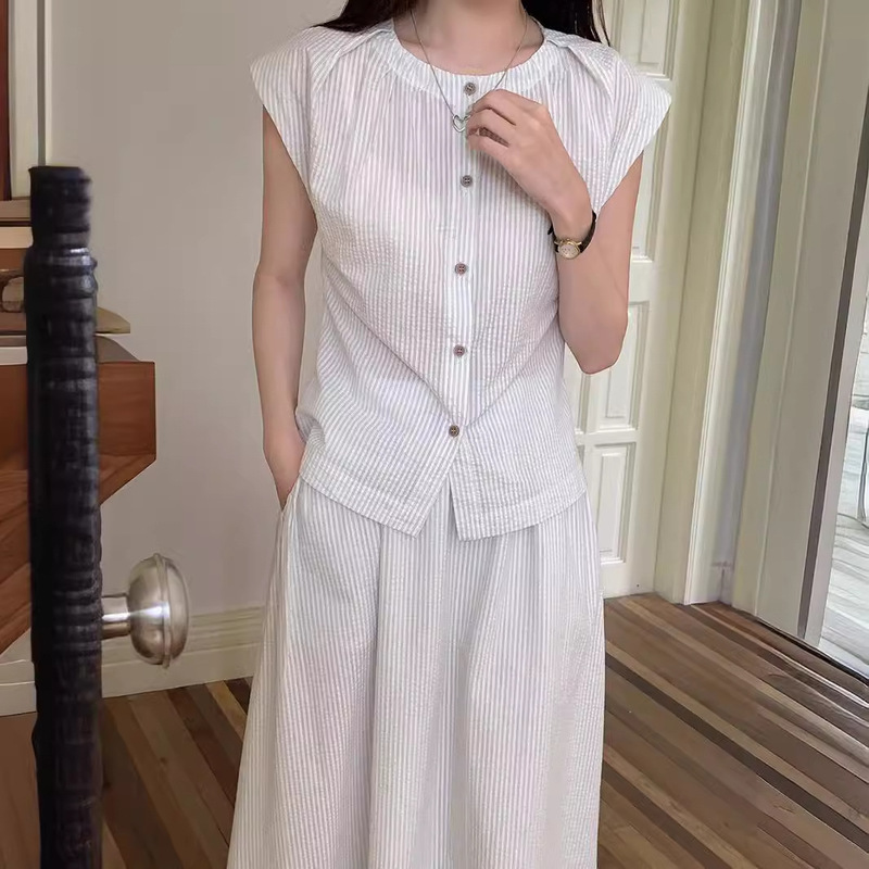 Weisong Summer Korean Style Pinstripes Small Flying Sleeve Shirt with Elastic High Waist Skirt Suit