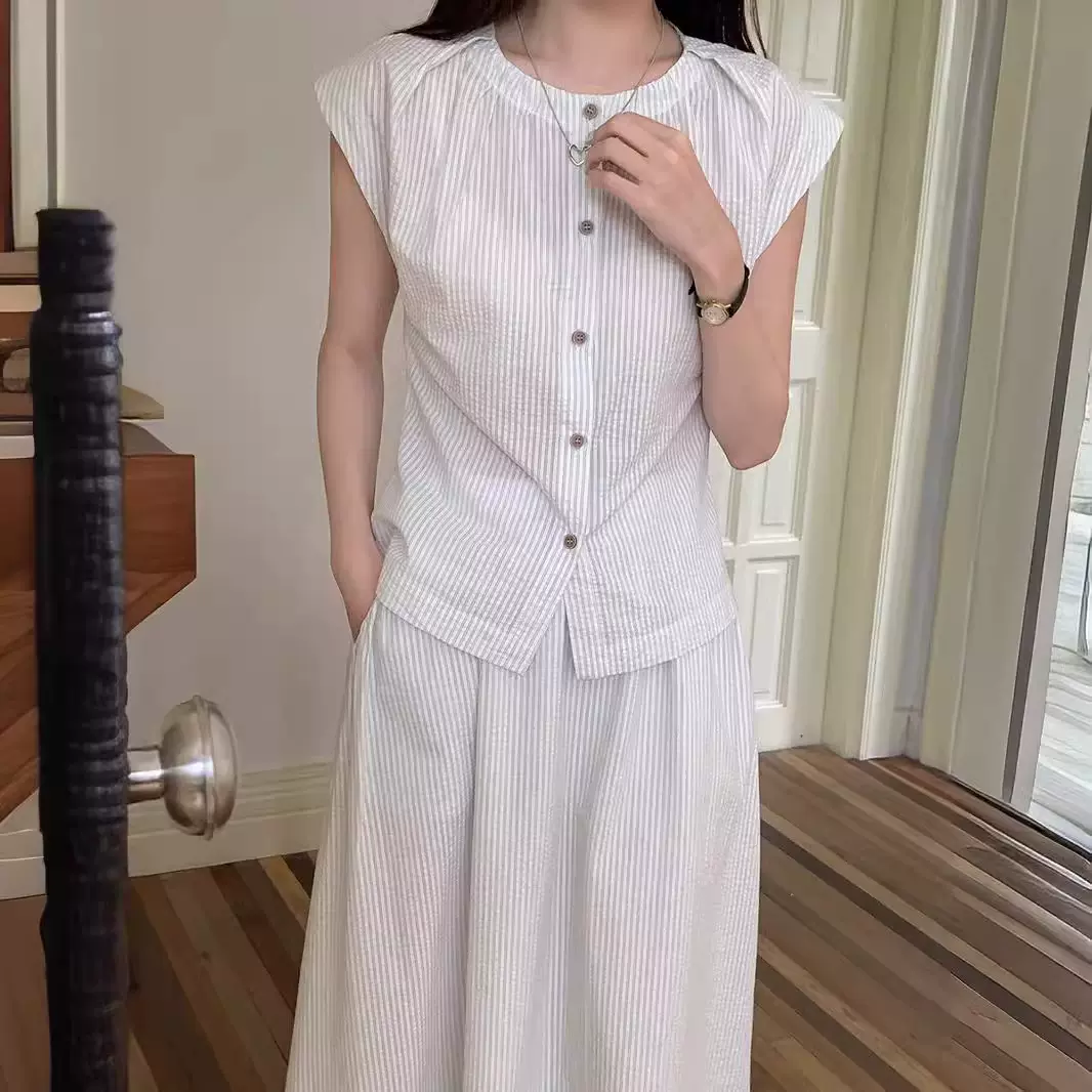 薇颂夏季韩版细条纹小飞袖衬衫小衫搭配松紧高腰半身裙套装