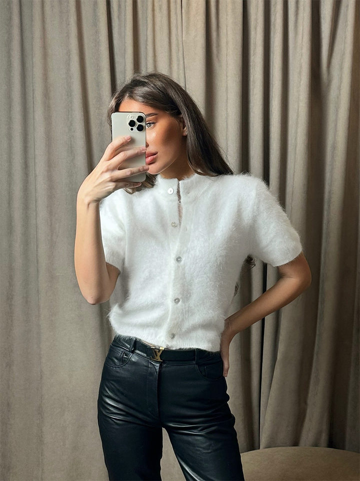 Áo cardigan dệt kim tay ngắn cổ bán cao ôm dáng phong cách retro — Màu hồng, Màu hồng cánh sen, Màu trắng, Màu tím chi tiết 6