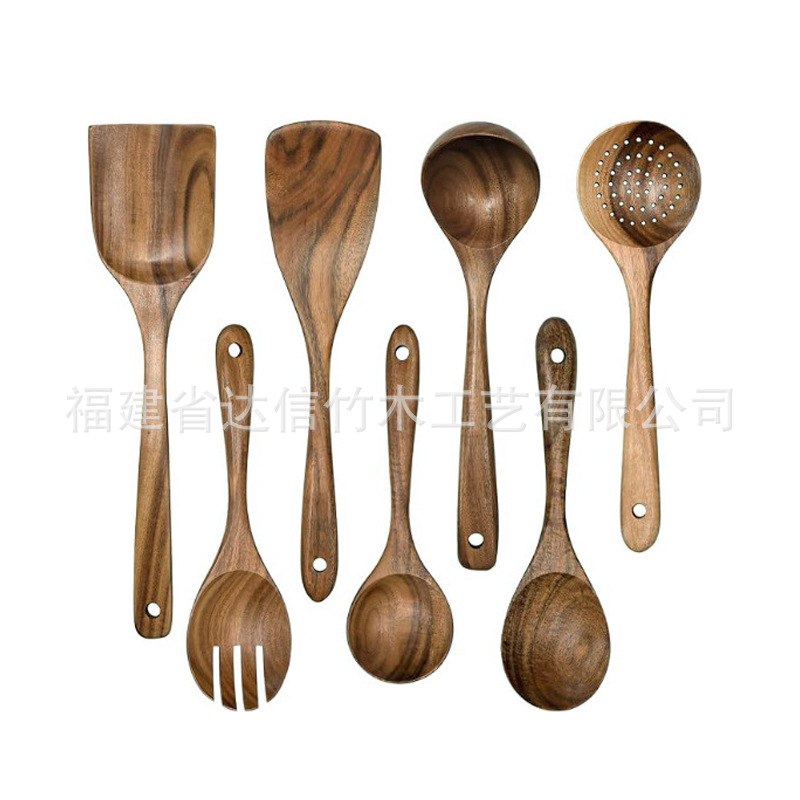 Juego de utensilios de cocina anti-quemaduras de cinco piezas, juego de nueve piezas, juego de espátulas de madera con mango largo, cuchara para remover integrada, utensilios de cocina para el hogar