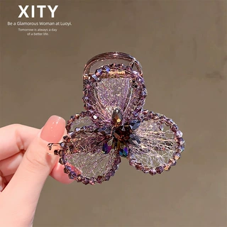 轻奢风时尚紫色水晶中号抓夹百搭后脑勺发量少盘发抓夹网红鲨鱼夹