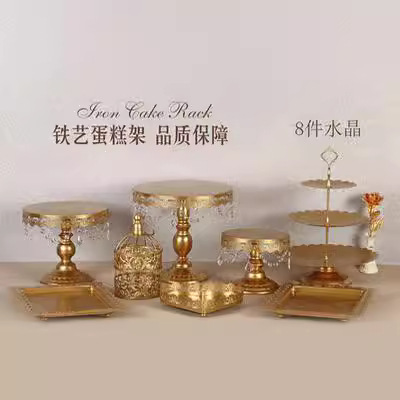 Decoración de mesa de postres de boda de oro, estante de pastel europeo, propósitos de boda, bandeja de pastel de encaje, estante de refrigerio de hierro forjado, 12 juegos