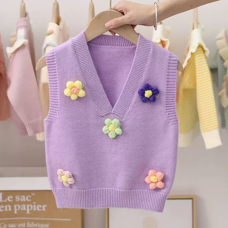 Children's vest, jacket, thin sweater sleevless, V-neckline, flowered