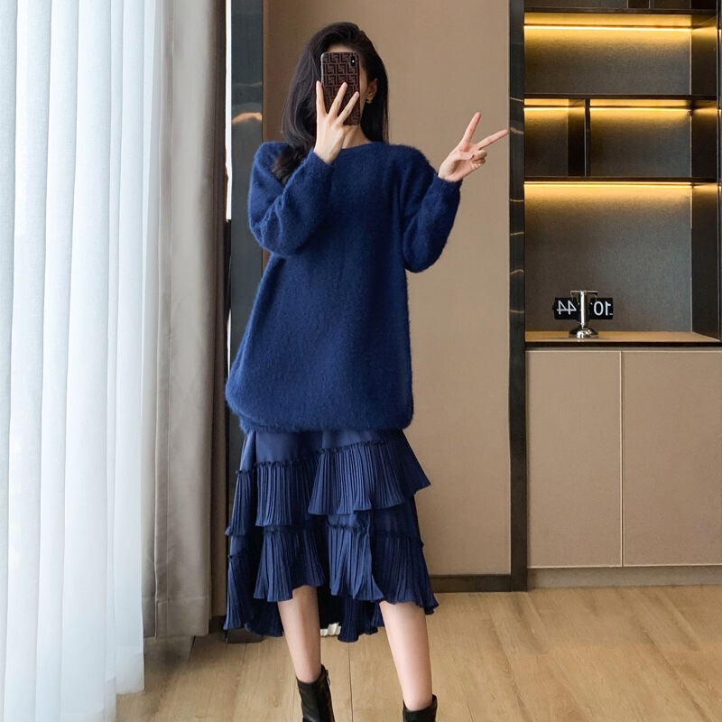 高端名媛蓝色毛衣裙高级时装套装女2025新款秋季小个子穿搭一整套|undefined