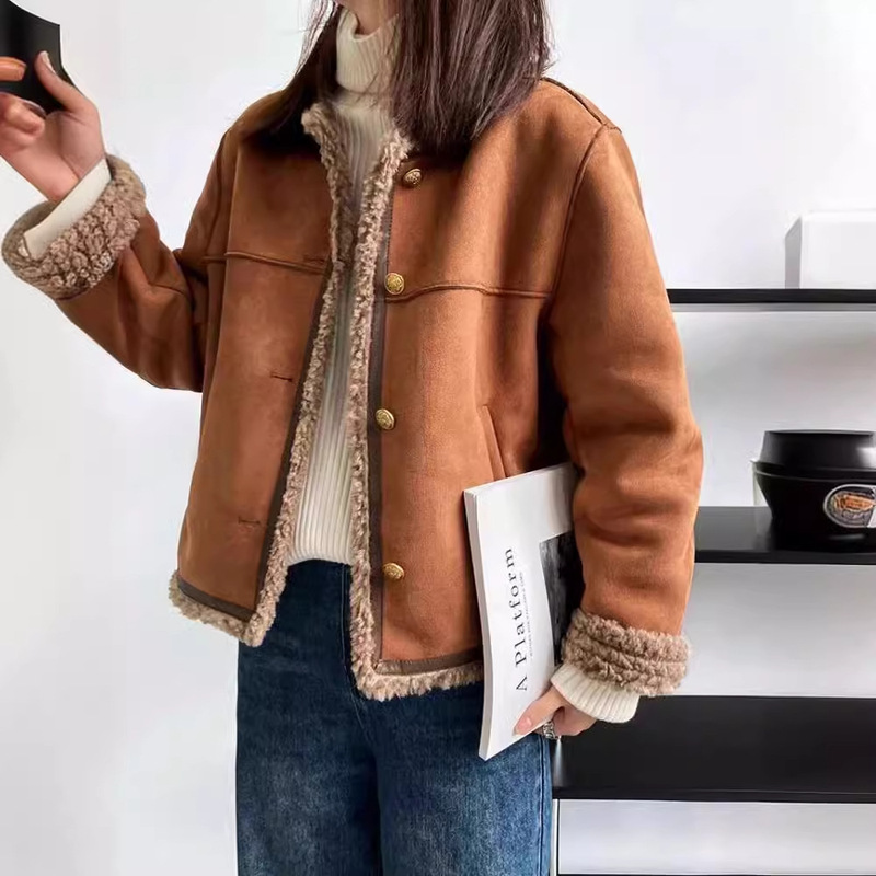 高級感のある小香風の子羊の毛のオーバーの女性の冬の短い毛皮の一体のジャケットは厚いです。|undefined