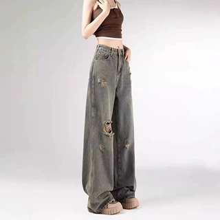 复古破洞直筒牛仔裤女夏薄款2026新款小个子设计感高腰阔腿长裤子