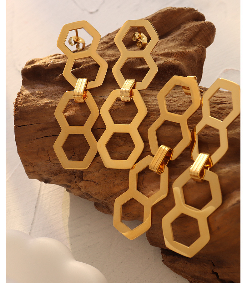 304 Stainless Steel Material Hexagon Pattern Women'S Gender PVD Coated Real Gold Plated 18K Gold Hexagon 304 Stainless Steel Fashion Waterproof Non Tarnish Drop Earrings