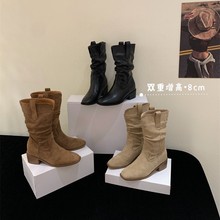 2025秋冬新款欧美绒面粗跟西部牛仔靴女V口内增高中筒骑士短靴子