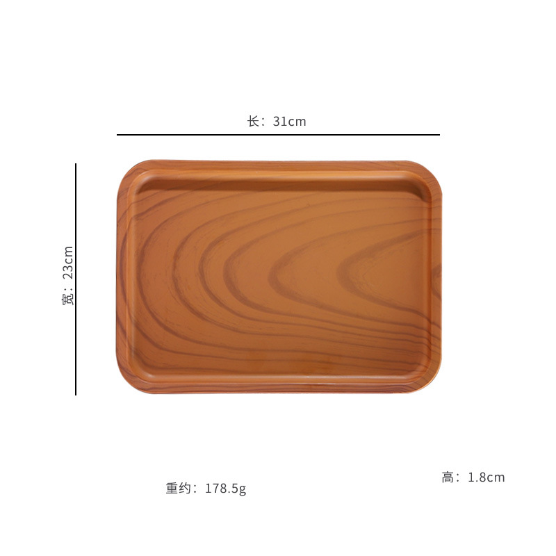 Bandeja de plástico, bandeja de té, rectangular, hogar, sala de estar, plato de almacenamiento de bocadillos de frutas, plato de comedor de grano de madera de imitación al por mayor