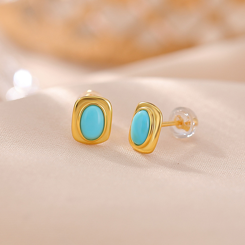 Bông tai bạc S925 mạ vàng đính đá ngọc lam hình trứng — Một cặp