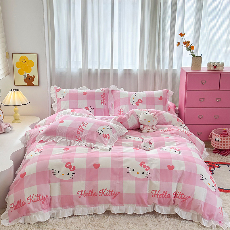 三丽鸥纯棉花边款四件套全棉公主风卡通HelloKitty床单被套床裙款|undefined