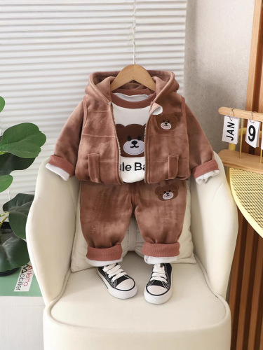 New Autumn/Winter Baby Padded Set for Kids, Three-Piece Set with Embroidered Bear, Thick Kids' Outfit for Dropshipping