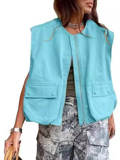 Amazon transfronterizo 2025 Europa y los Estados Unidos nueva moda sin mangas bolsillo versión suelta chaleco de cremallera de color sólido chaqueta de mujer image 4