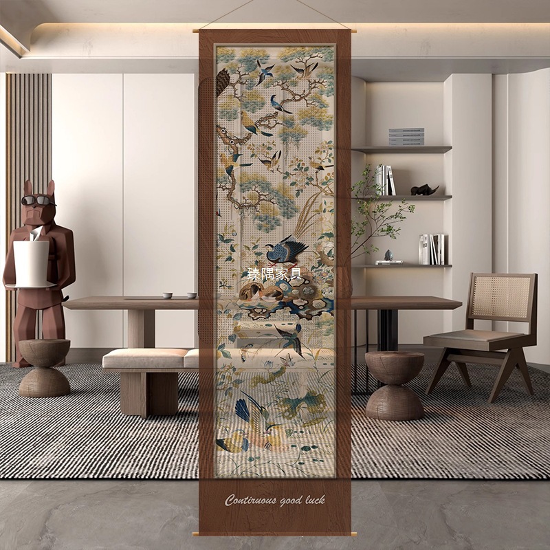Nuevo estilo chino de pájaros de flores de flores semipermeables cortina de tela larga colgante de tela atmósfera sala de té sala de té cortina de partición decoración de sala