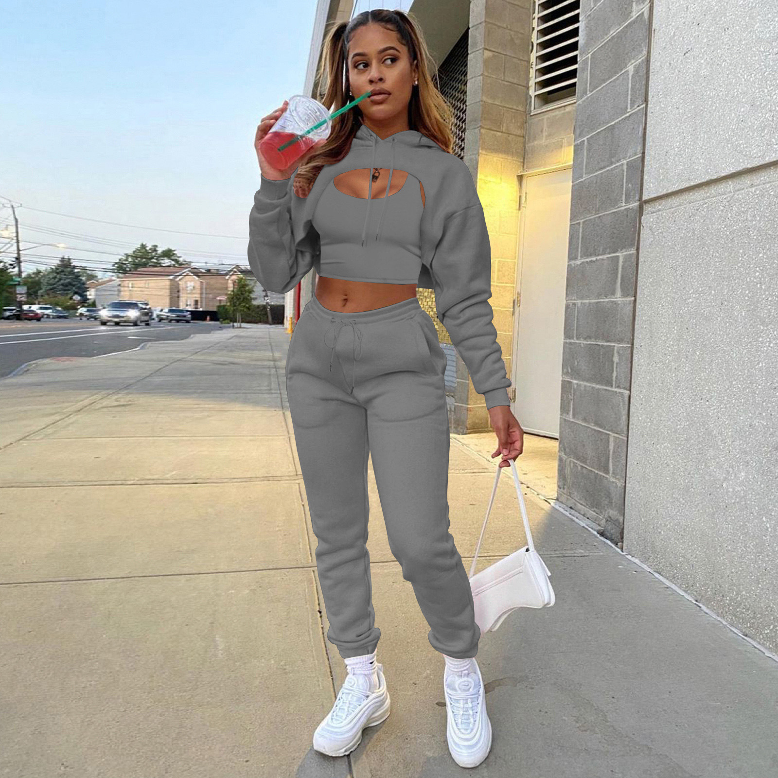 2023 European and American women's fleece-lined in autumn and winter drawstring solid color hooded cape sweater long sleeve trousers vest three-piece suit