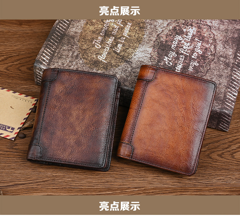 Ví nam gập mini da bò thủ công cổ điển — Màu nâu cổ điển, Cà phê cổ điển chi tiết 5