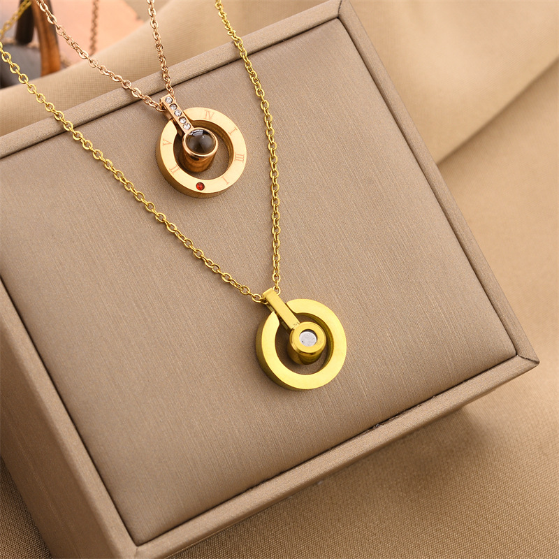 17g Weight Rhinestones Insert Material Pendant Necklace Classification cable chain Chain Type Chinoiserie Round Titanium Steel Inlay Rhinestones Pendant Necklace
