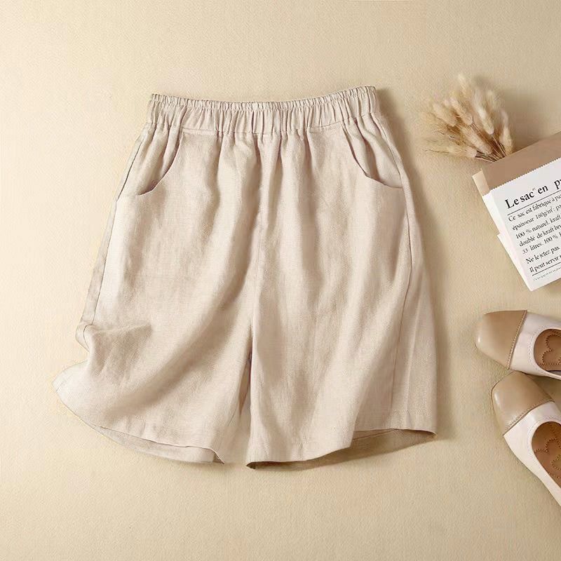 Linen shorts for women, summer loose-fitting, slimming, mid-length, cotton-linen blend, high-waisted, four-inch shorts, straight-leg, casual pants