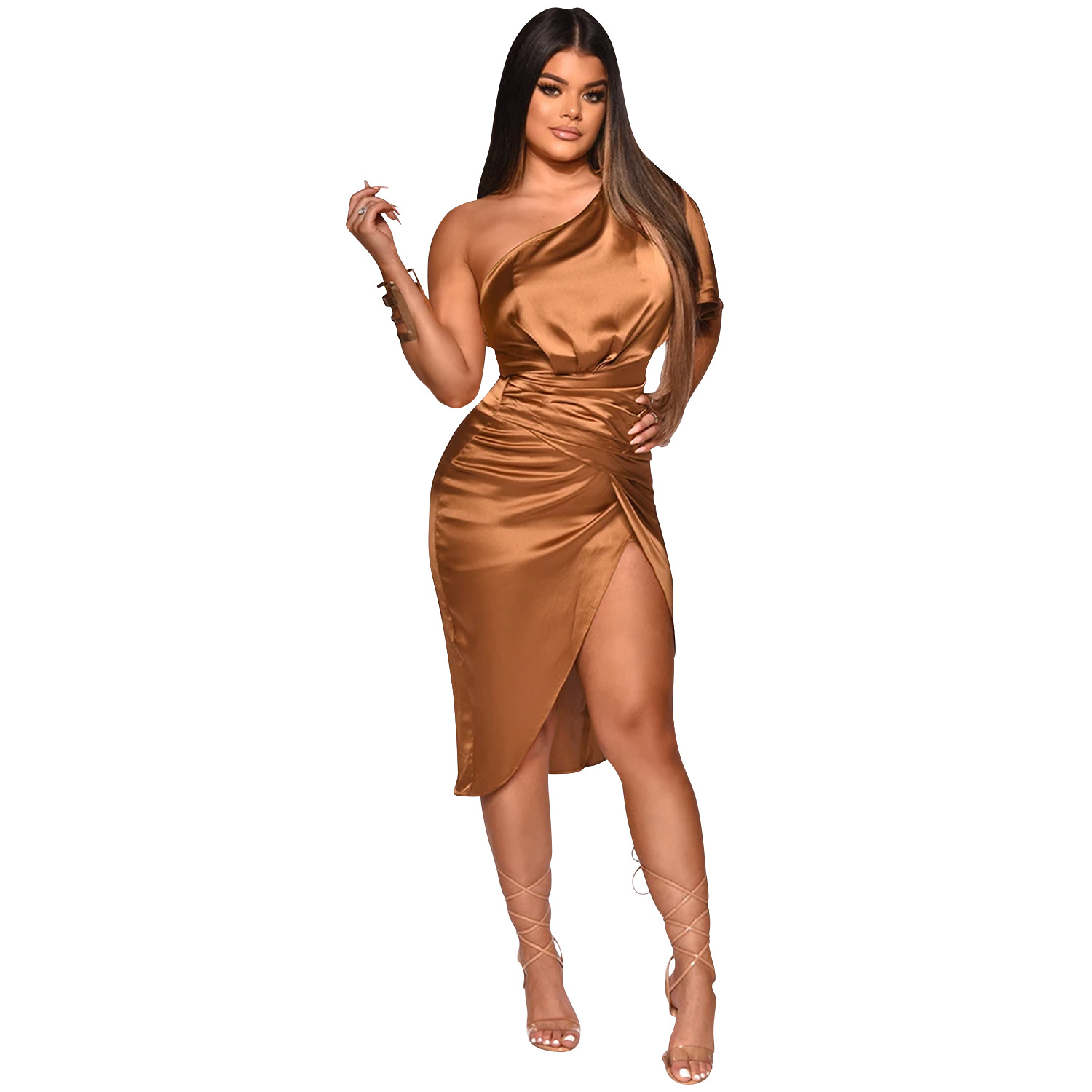 X5273 transfronterizo nuevo producto AliExpress Amazon moda europea y americana color sólido de las mujeres de un solo hombro split MIDI falda vestido image 7