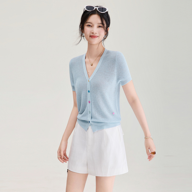 2607902-16 Needle Fine-Knit Ultra-Fine Linen Yarn Colorful Button V-Neck Knit Cardigan for Women, Summer Breathable Air-Conditioning Shirt 2607902-16 Needle Fine-Knit Ultra-Fine Linen Yarn Colorful Button V-Neck Knit Cardigan for Women, Summer Breathable Air-Conditioning Shirt