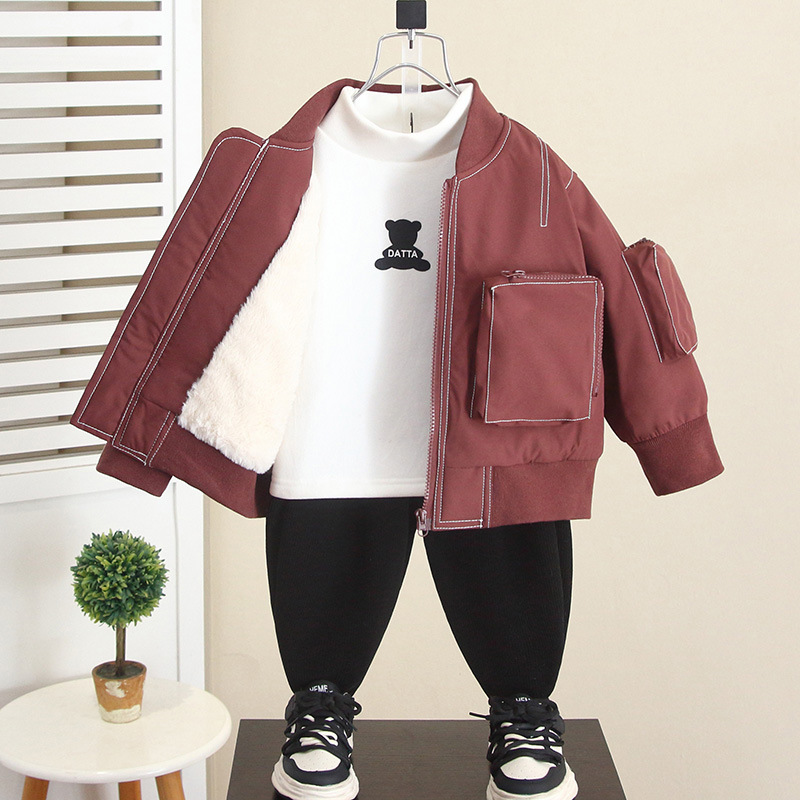 6838 Chaqueta de invierno para niños para niños más chaqueta de motocicleta gruesa de terciopelo 2025 nueva chaqueta de ropa de algodón para bebés