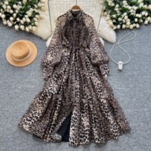 外贸欧美风豹纹连衣裙女秋季收腰显瘦高级感轻奢名媛气质网纱大摆