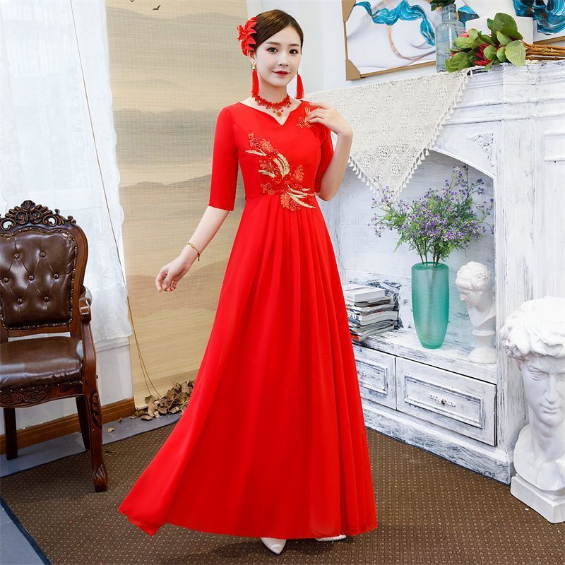 新款礼服大合唱服女长裙成人中老年大红诗歌朗诵表演演出服|undefined