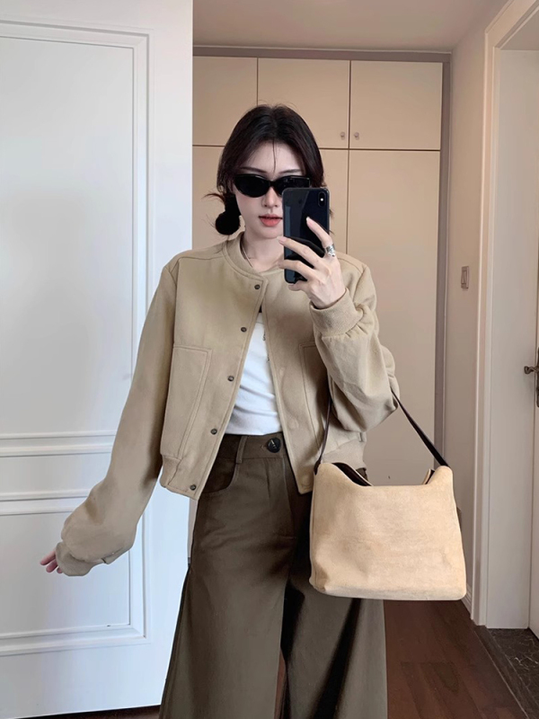 卡其色毛呢棒球服短外套女秋季美式风小个子短款气质oversize夹克|undefined