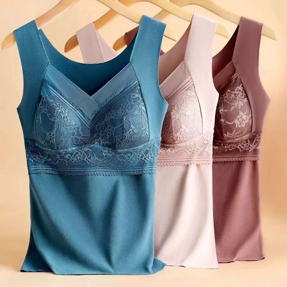 Осенне-зимний кружевной бархатный терможилет, Женская фиксированная цельная чашка с вышивкой, тонкая основа, толстое термобелье, женское