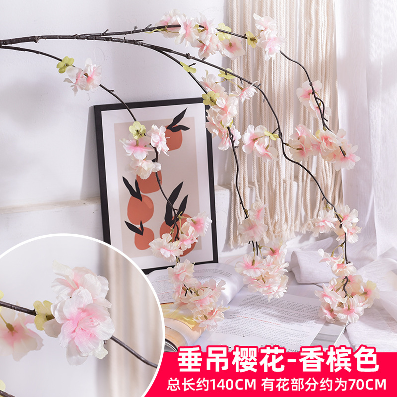 Simulación de flores de cerezo flor de plástico decoración flor falsa caña ingeniería paisajística al por mayor cifrado árbol de cerezo flores de seda de techo artificial