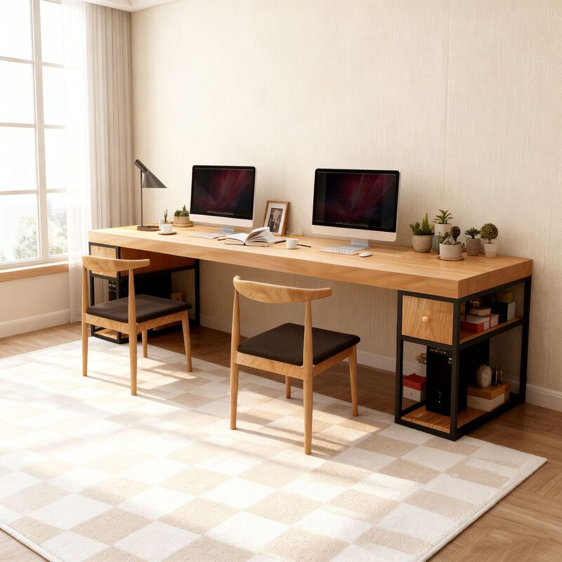 Double-Person Desktop Computer Desk with Drawers, Home-Use Wall-Mounted Extra-Large Solid Wood Office Desk with Drawers, Gaming Desk, Long Writing Desk