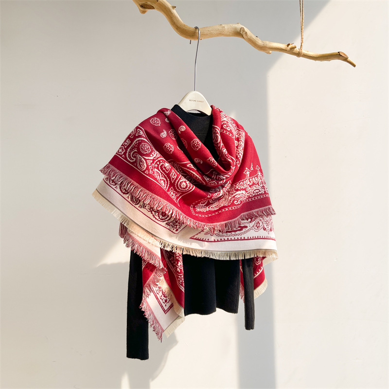 Sciarpa quadrata oversize in imitazione cashmere in stile etnico, scialle con nappe spesse da donna, sciarpa calda con fiori di anacardi_voghion.com