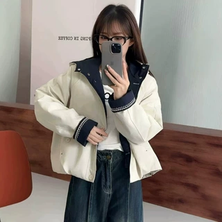 韩版撞色连帽加绒加厚短外套女秋冬新款保暖棉衣宽松百搭显瘦夹克