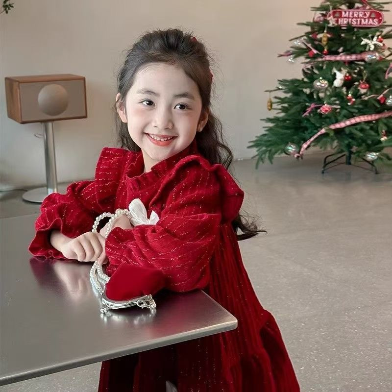 Niñas otoño e invierno más vellón nuevo vestido invierno niños falda roja año nuevo estilo occidental niña princesa año nuevo