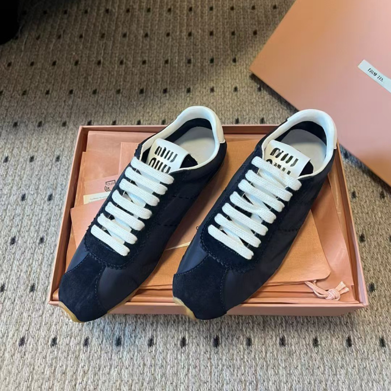 Miu Versatile Comfortable Soft-Soled Sneakers for Women, Summer 25, Genuine Leather Lace-Up Color-Block Casual Shoes, Thin-Soled Shoes, Comfortable