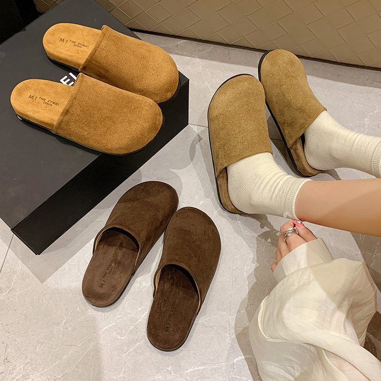 反绒面厚底复古博肯拖鞋女2025秋季新款一脚蹬休闲外穿软底拖鞋女|undefined