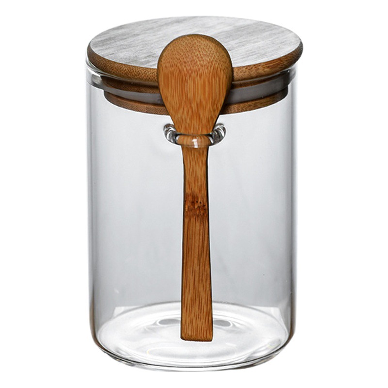 Tarro de condimento de vidrio tarro de cocina tarro de almacenamiento redondo tarro de azúcar condimento de comida tarro de té de almacenamiento con cuchara tarro sellado