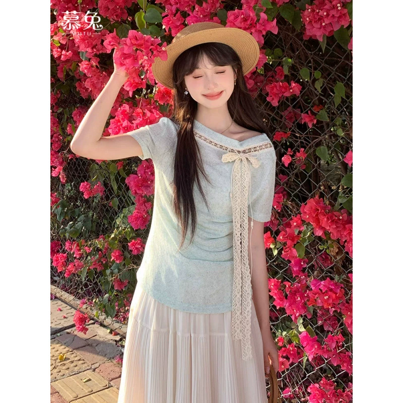 5045 Светло-зеленый кружевной ремень дизайн с короткими рукавами футболка женская 2025 лето новый китайский стиль дзен