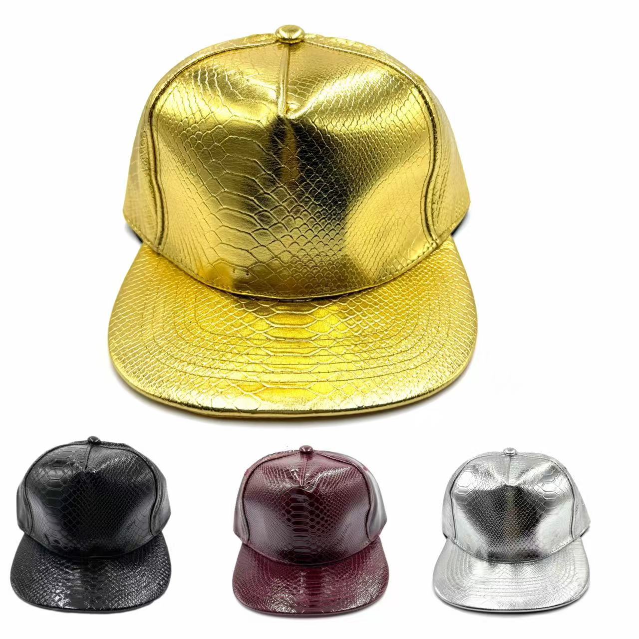European and American Hot-Selling Pu Leather Snakeskin Pattern Flat-Brimmed Large-Head Cap Hip-Hop Street Dance Hat Trendy Sports Baseball Cap