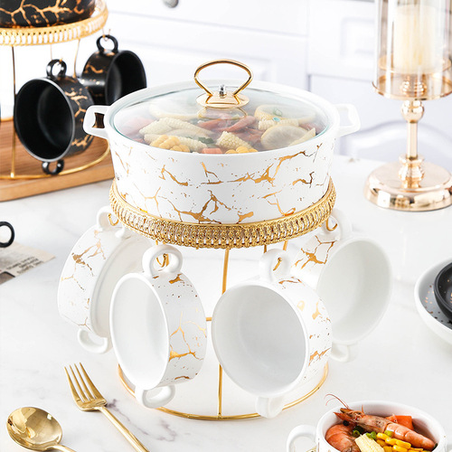 New Nordic ins household double-ear ceramic pot with small bowl creative pot holder with candle holder marble tableware