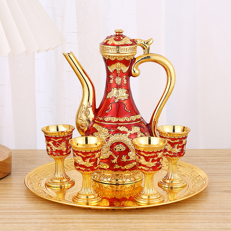 European-style retro high-end dragon and phoenix liquor set, household liquor cups, ancient liquorware, stemmed glasses, gift set, decorative pieces