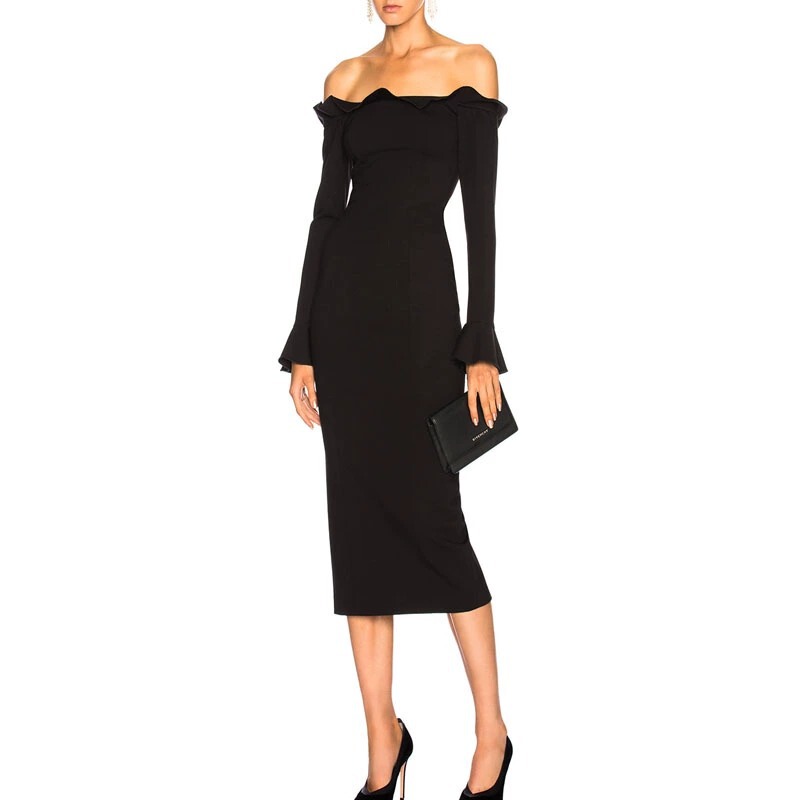 Banquet Party Dress Black Mid-Length One-Shoulder Car Show Birthday Evening Dress Cross-Border Aliexpress Dress
