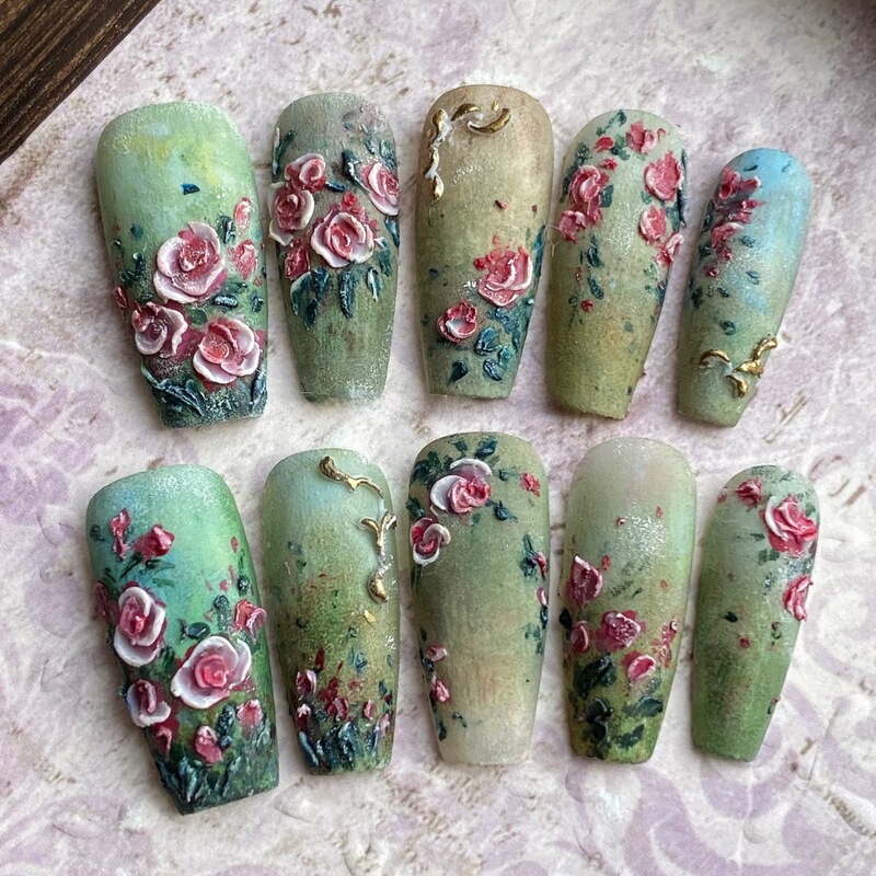 Wm-366 Green Rose Fake Nails Short t Frosted Oil Painting Texture Camellia Wearable Nails Wholesale
