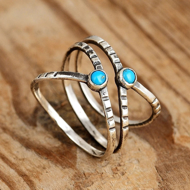 retro fashionable geometric turquoise ring with stone