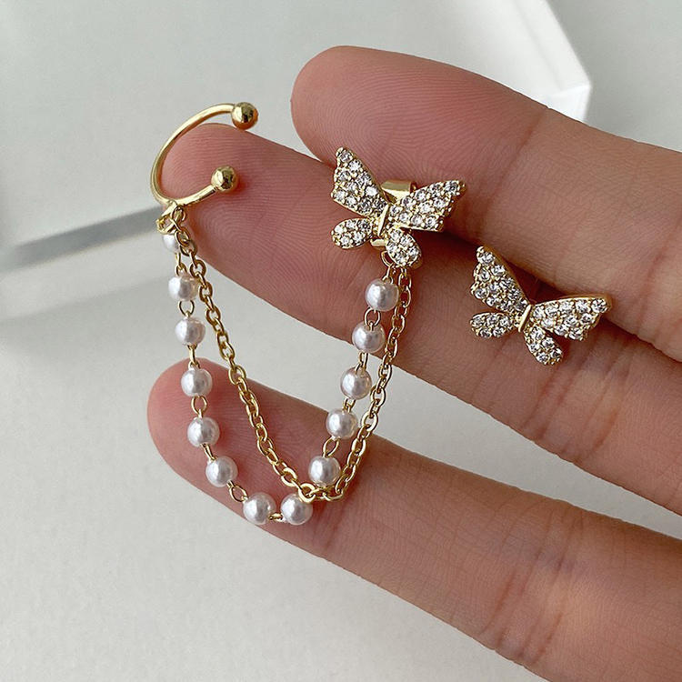 Casual Sweet Butterfly Alloy Asymmetrical Chain Inlay Zircon Women's Ear Clips Ear Studs display picture 1