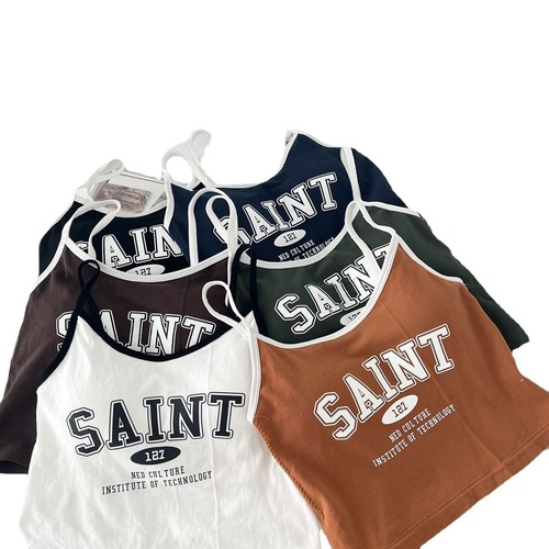 Summer American Retro BM Street Style Color Block Tank Top with Backless Design, Wraparound Bodysuit, Revealing Navel, Letter Print Short-Sleeve Top
