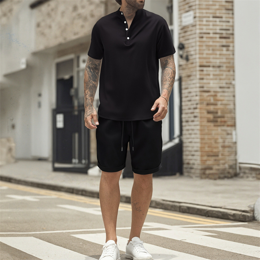 Men's Henley T-shirt And Shorts Set Casual Summer Solid Colour_voghion.com