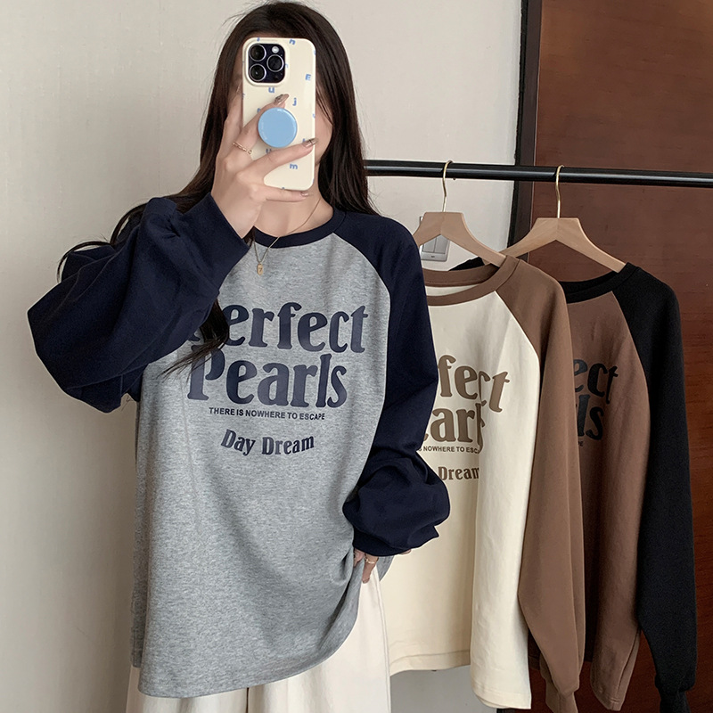 Spring and Autumn De velvet warm contrast color long-sleeved sweater women's niche design loose slimming T-shirt bottoming shirt top